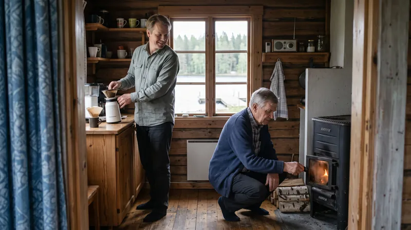 Isä sytyttää mökin kamiinaa, ja aikuinen poika keittää kahvia